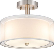 White Double Fabric Shade 3-Light 12in Drum Semi Flush Ceiling Light Fixture