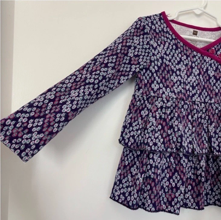 Tea Collection Purple Floral Print Ruffle Top Long Sleeve Shirt Girl Size 5 - Image 2 of 4