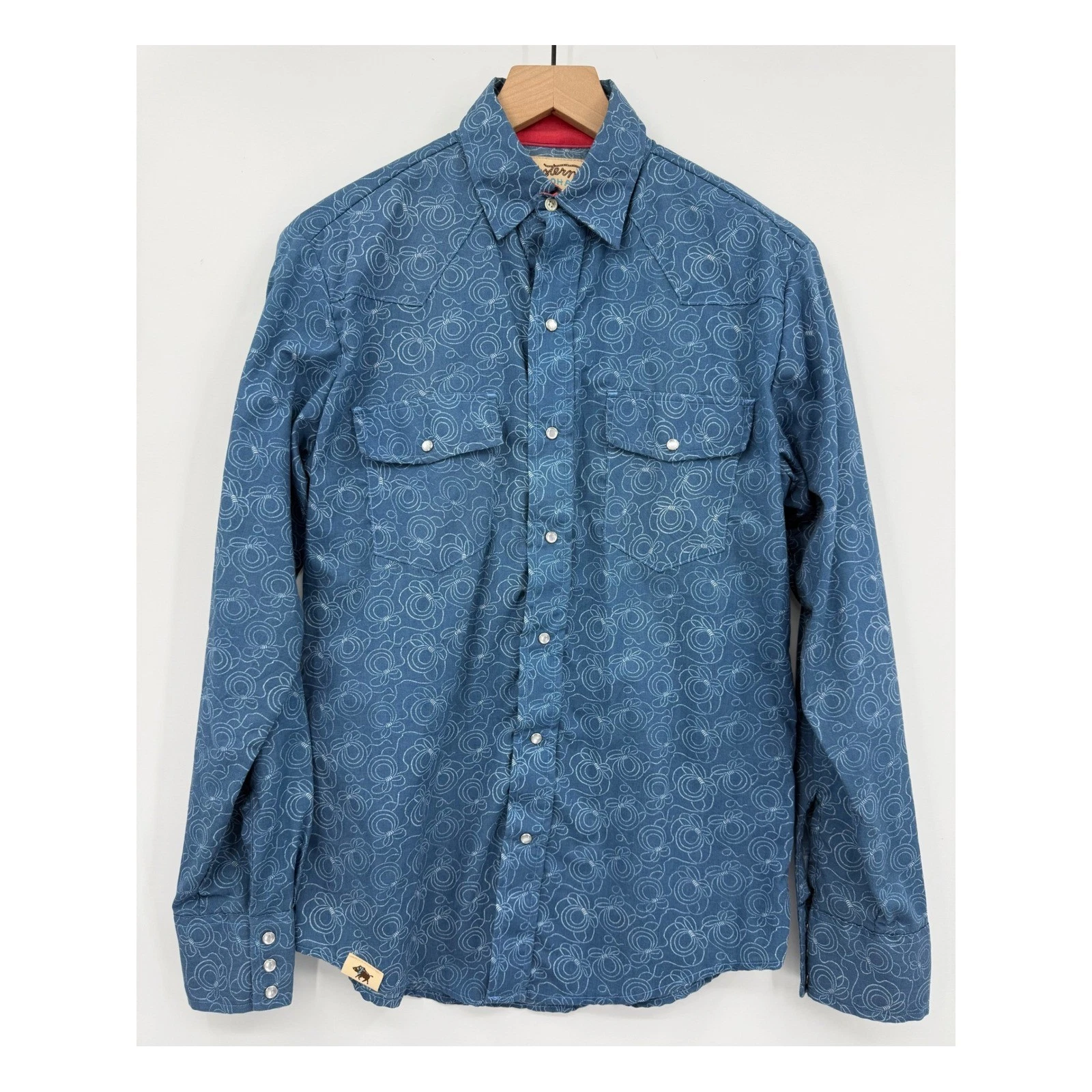 Western Aloha Shirt Mens Small Blue Floral Western Pearl Snap Long Sleeve