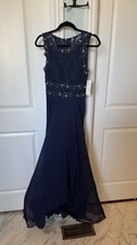 Navy Blue Beaded Lace Chiffon Sleeveless Crew Neck Formal Gown Long Dress