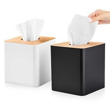 2 Pack Tissue Box Cover, Square Plastic Tissue Holder with Bamboo Cover Plate...