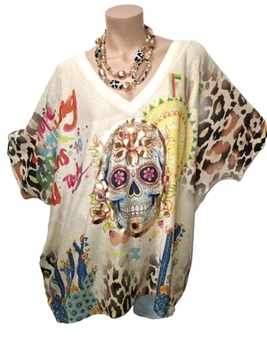italy T-Shirt ca 44 46 48 50 52  NEU Glitzer Shirt Skull Totenkopf Leo bunt - Bild 1 von 4