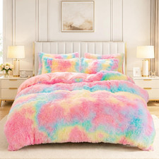 Zrnbast Faux Fur Duvet Covers Full Size Rainbow Tie-Dye Comforter Cover Set For