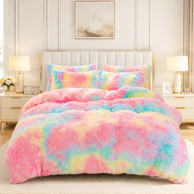 Zrnbast Faux Fur Duvet Covers Full Size Rainbow Tie-Dye Comforter Cover Set For