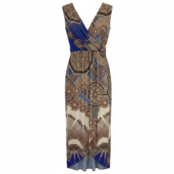 Sheike Paisley Blue Gold Faux Wrap HiLo Maxi Dress 16 Slinky Boho Ornate Mandala