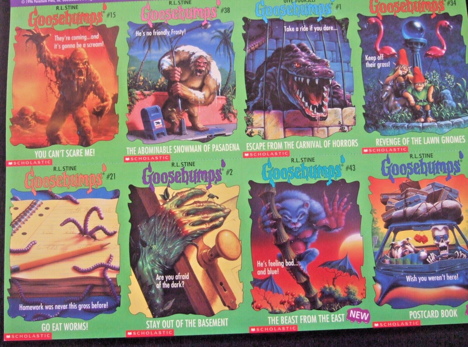 VINTAGE  1996  SCHOLASTIC GOOSEBUMPS PUZZLE CARD #1    10 TRADING CARDS SHEETS