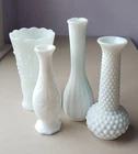 4 Vintage milk glass bud vases,  E O Brody, CLG Co., Anchor Hocking
