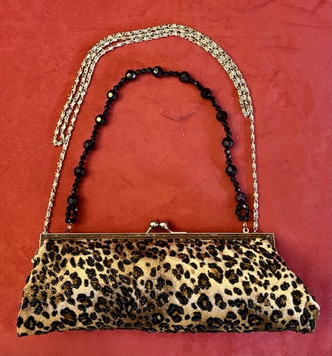Glamorous leopard print velvet beaded evening hand bag w/handle, and chain