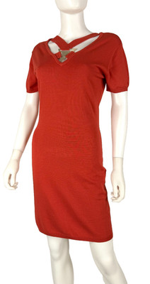 Versace Orange Dress Gold Logo 4 US 40 IT S Stretch Knit Sheath Cut Outs Auth