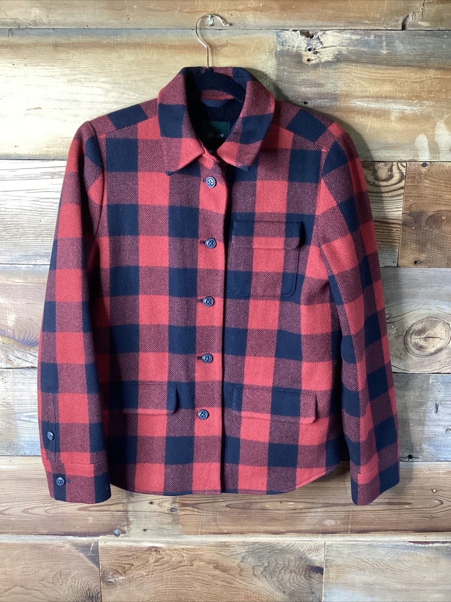 CREW RED BLACK BUFFALO PLAID FLEECE LINED WOOL BUTTON UP Barn COAT SZ