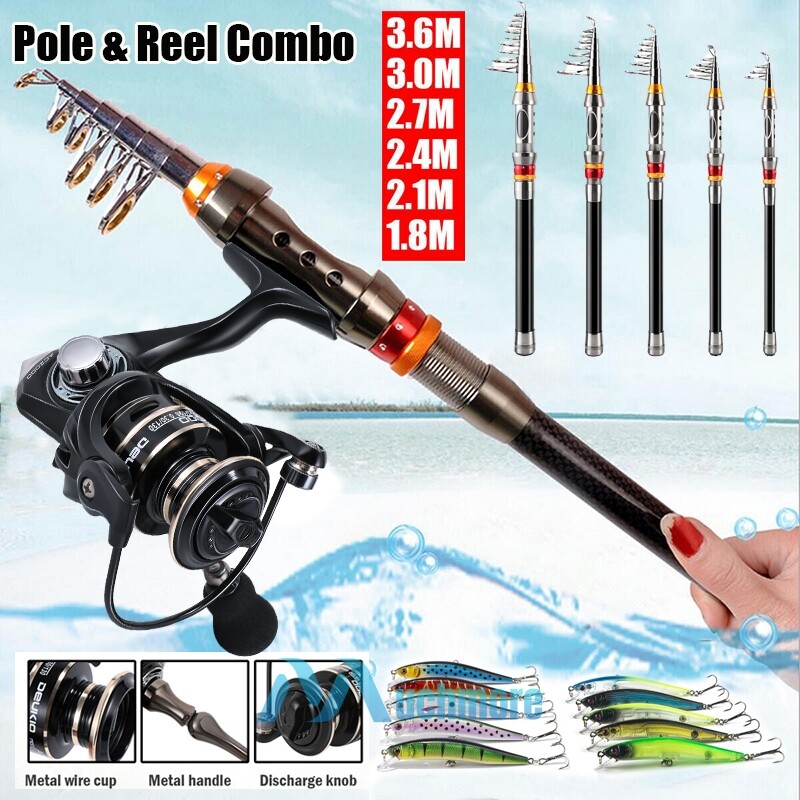 Telescopic Fishing Rod Spinning Reel Set Combo Full Kit Carbon