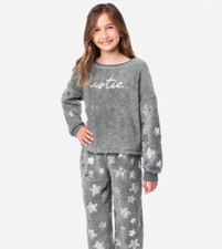  NWT JUSTICE GIRLS SIZE 10 12-14 SILVER STARS GRAY SHERPA COZY PAJAMA SET