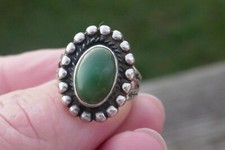Vintage Navajo Sterling  Green Turquoise Stamp Work Designed Ring - Size 5