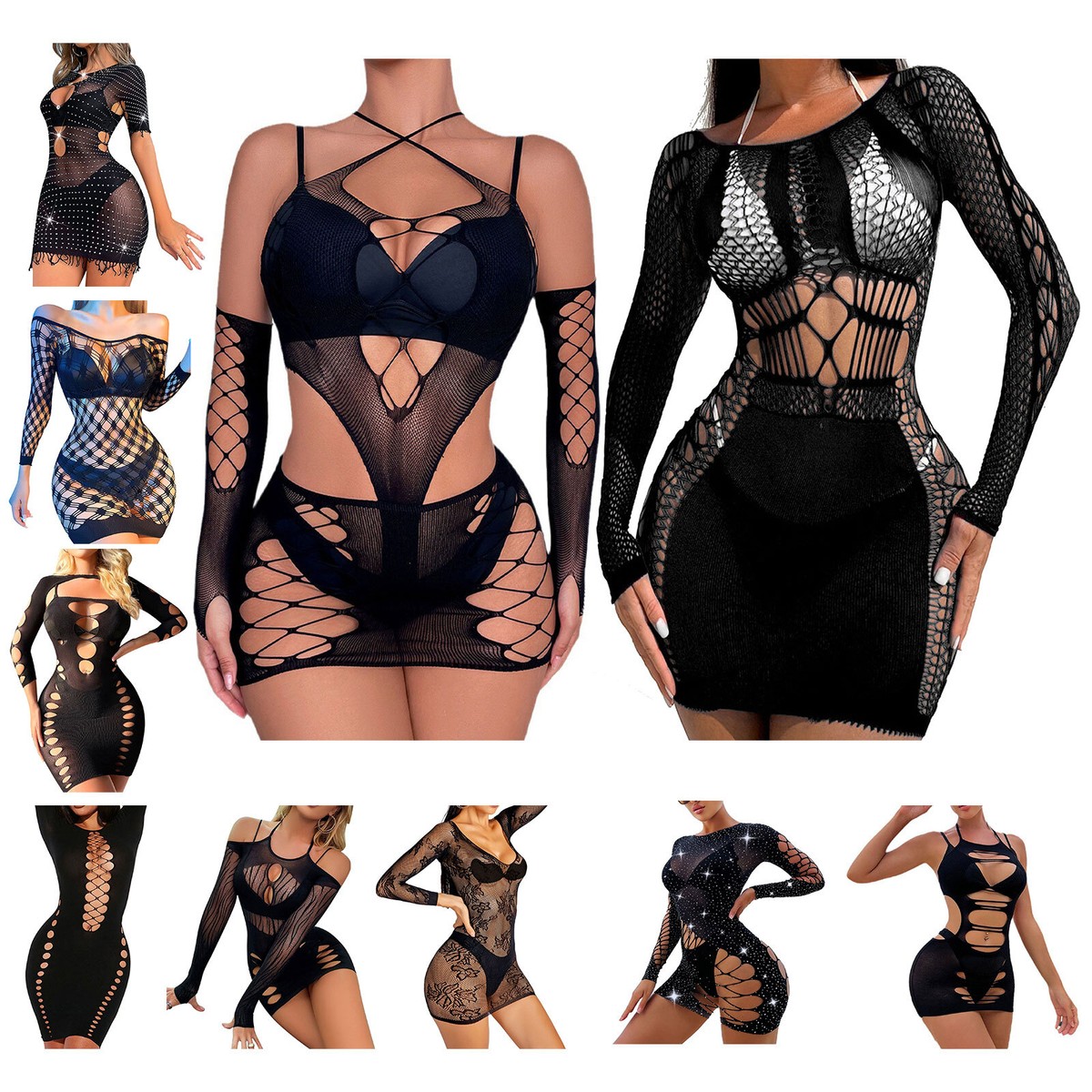 Women Fishnet Beachwear Bodycon Role-playing Dress Clubwear Wrap Teddy  Babydoll