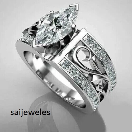 3CT Lab-Created Marquise Cut Diamond 14K White Gold Over Engagement Wedding Ring - Bild 3 von 7