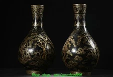15''Old Chinese Wood lacquerware Gold Landscape Inscription Bottle Vase Pair