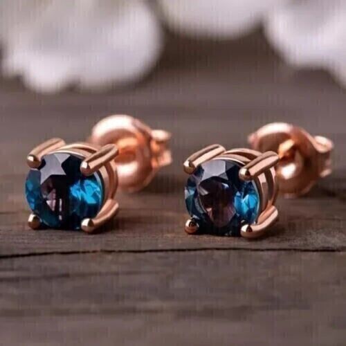 14K Rose Gold Finish 2CT Round Cut Lab Created Alexandrite Women's Stud Earrings - Picture 1 of 8