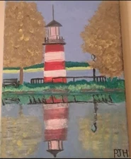 PJH STUDIOS 1st Watercolor Painting On Canvas A Beautiful Lighthouse Reflection