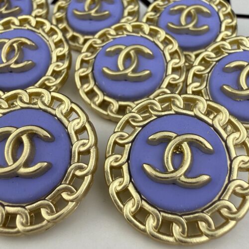 10 CHANEL BUTTONS GOLD BLUE CC LOGO METAL 23MM VINTAGE - Picture 3 of 10