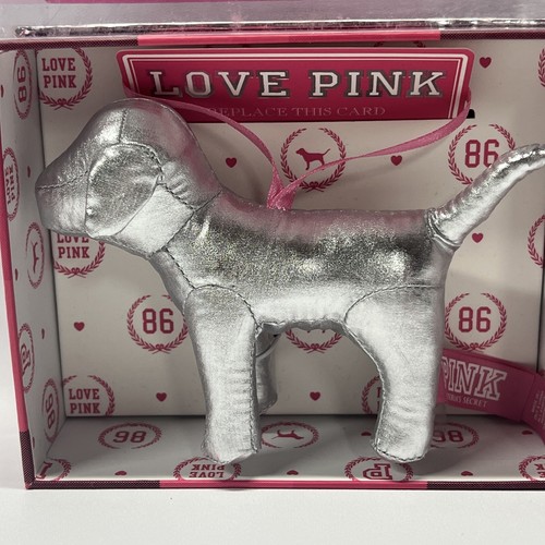 NEW VICTORIA'S SECRET PINK Silver Plush DOG Mini ORNAMENT Gift Card Holder Box - Picture 3 of 6