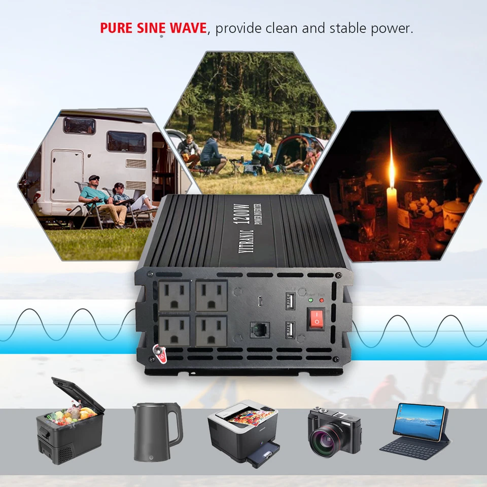Power Inverter Pure Sine Wave 1200 Watt 2400W DC 12V to AC 110V LCD Remote RV - Image 4 of 4