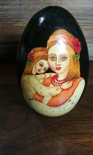 Vintage Russian Hand Painted Lacquered Wood Egg Folk Art Mother  Child NO STAND