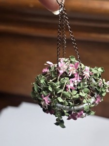 Vintage OOAK Artisan Dollhouse Miniature Hanging Basket Fuchsia Flowers 1:12