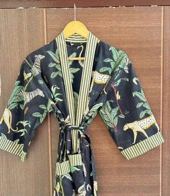 Indian Black Tiger Baumwolle Bademantel Langer Kimono Nachtwäsche Nacht Anzug - Bild 1 von 4