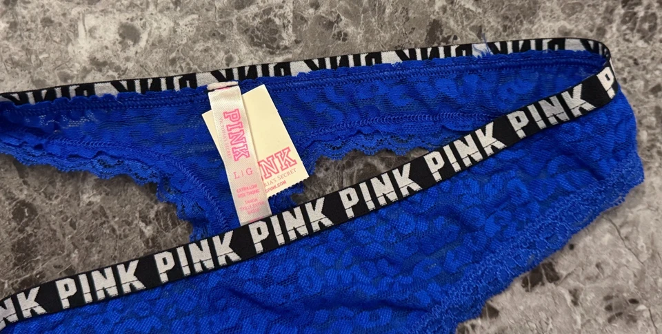 NUEVO CON ETIQUETAS BRAGAS TANGA VICTORIA'S SECRET ROSA L AZUL LEOPARDO ENCAJE LOGO CINTURA RARAS Foto 3 de 4