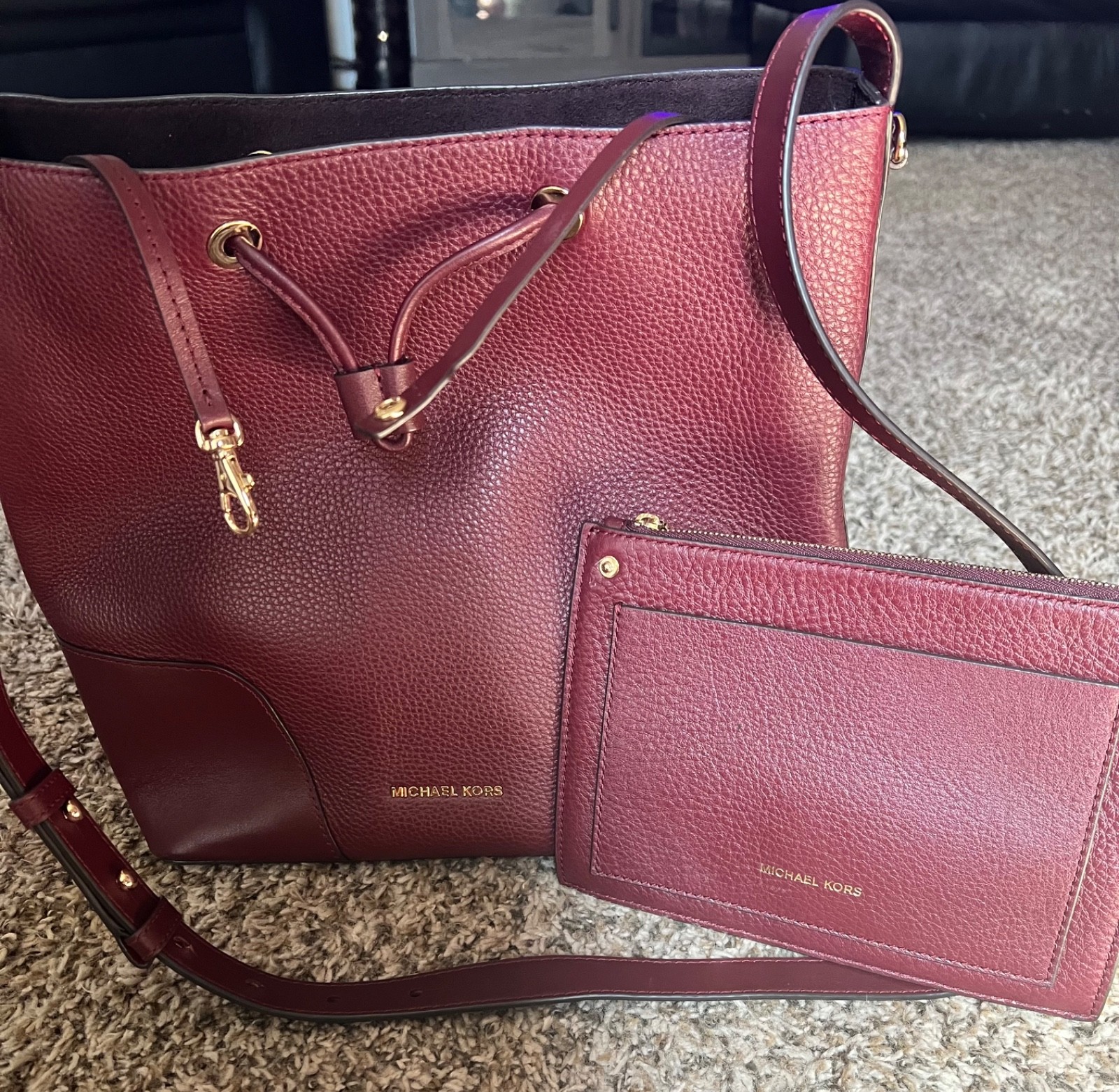MICHAEL KORS burgendy bucket bag with drawstring and detachable wallet/holder!