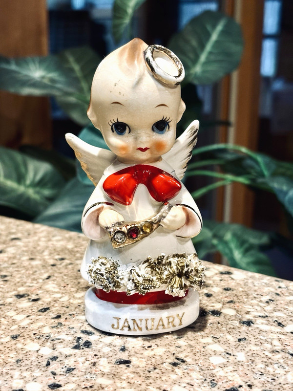 Vintage ARNART Angel of the Month JANUARY Ceramic KEWPIE Figurine BOY Horn
