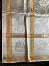 Vintage White Gold Damask Tablecloth w Greek Key Border Woven Floral Motifs