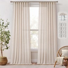 Natural Linen Curtains 120 Inches Long 2 Panels, Back Tab Pleat Tape with Hoo...