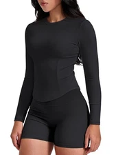 Long Sleeve Workout Tops for Women Slim Fit Running Yoga Top Breathable Soft ...