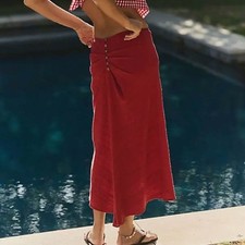 NWT Free People Sunrise Samba Red Midi Skirt Button Back Medium Sold out