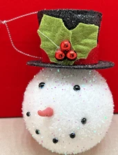 1 Snowman Head with Black Top Hat Christmas Ornament Styrofoam Glitter NEW