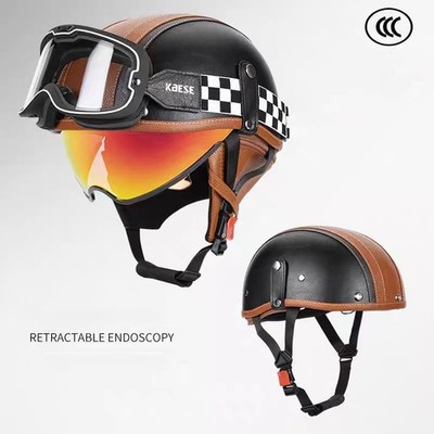 DOT Motorcycle Half Open Face Helmet Leather Cruiser Scooter
