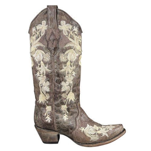 Stivali da cowgirl Corral da donna in pelle marrone con ricami taglia US 9