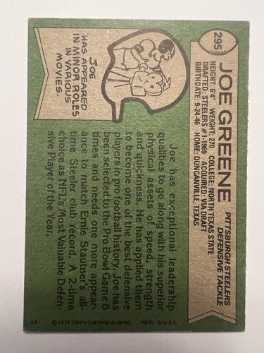 1978 Topps - Joe Greene #295 - Picture 2 of 2