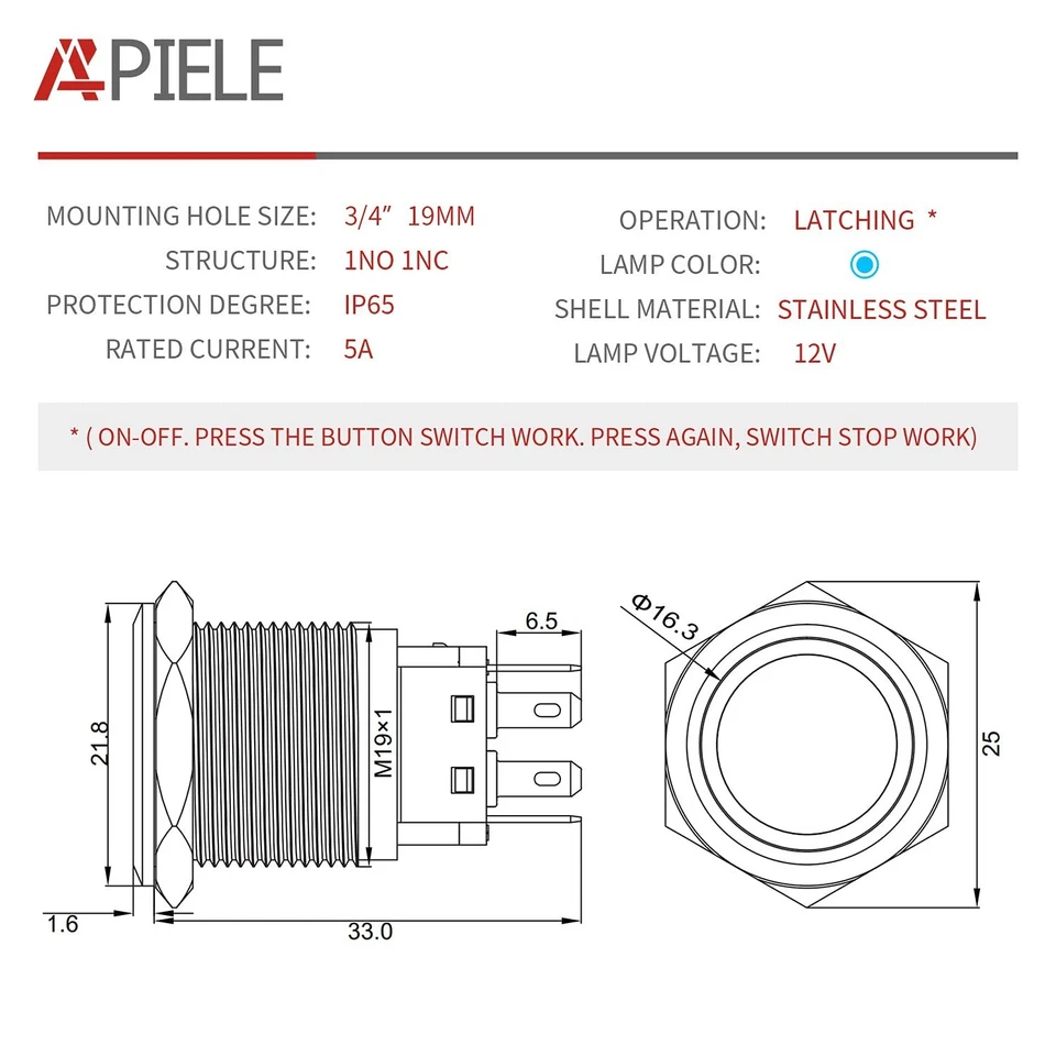 High-Performance 19mm Latching Push Button Switch - 6 Stainless Steel Units - Image 4 of 4
