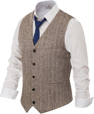 Men'S Herringbone Tweed Suit Vest Casual Wool Blend Waistcoat