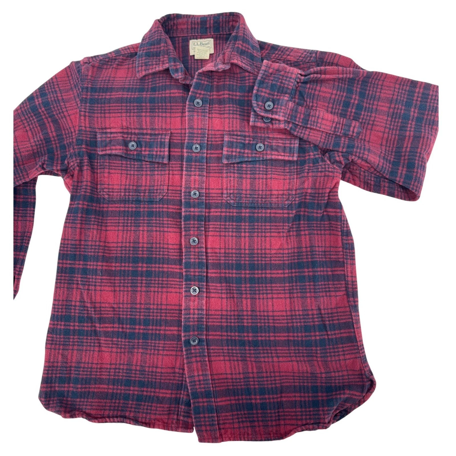 LLBean Mens Flannel Shirt S Red Navy Plaid Traditional Fit Long Sleeve Button