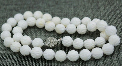Collar Largo 16" - 28" 8/10/12mm Blanco Tallado Tridacna Shell Cuentas Redondas AAA - Imagen 6 de 6