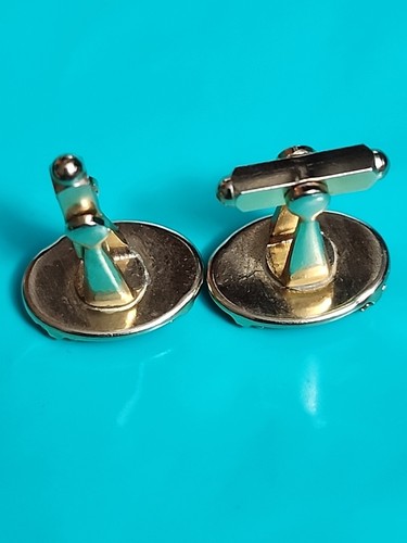 Lucite Damascene Style Asian Man Cufflinks Sword Flowers Parasol Large VTG - Picture 6 of 7
