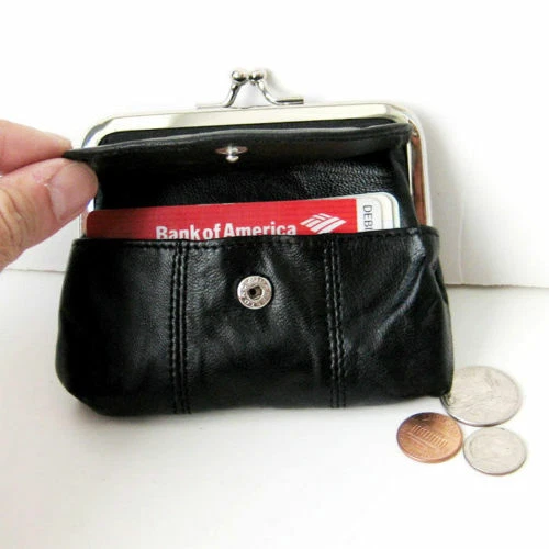 Leather black coin purse id slot 1 zippered pocket with secure clasp change  purse leather coin bag leather coin pouch leather coin holder