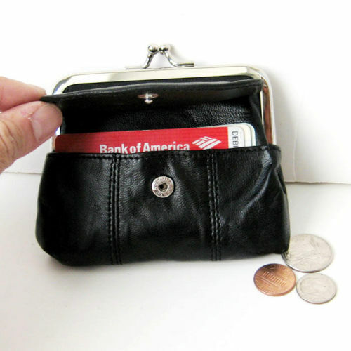 Cartera de monedas negra de cuero con broche grande con tarjeta de crédito vendedor de EE. UU. - Imagen 1 de 6