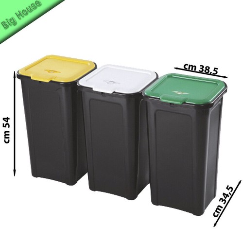 Set 3 Pattumiere Nero Coverline 44L Coperchio Colorato Raccolta Differenziata - Foto 2 di 3