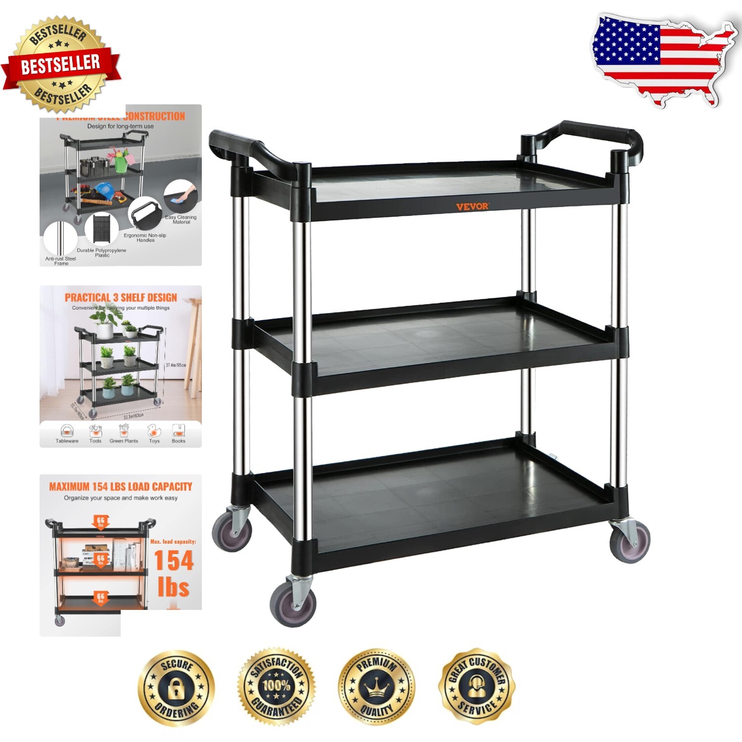 Aluminum Frame Utility Cart - 3 Shelves, 154 lbs Capacity, 37.4