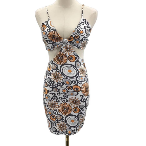 BAILY ROSE SZ S Black White Floral 70s Retro Gogo Bodycon Mini Dress B97