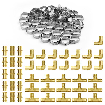 45PCS 3/4''x3/4'' PEX Pipe Brass Fittings Straight, Elbows, Tee(15/Each) w/ Clamps